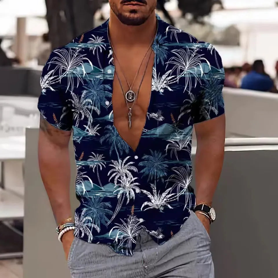 A man's loose-fitting short sleeve cardigan-style top with a colourful floral print.