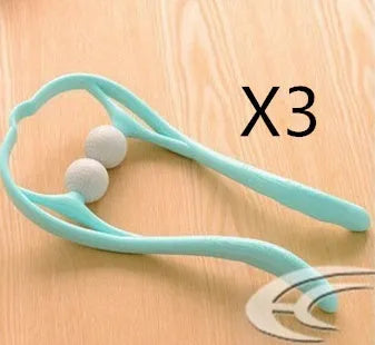 Blue plastic swan-shaped neck massager with hand roller and adjustable stand on a white background