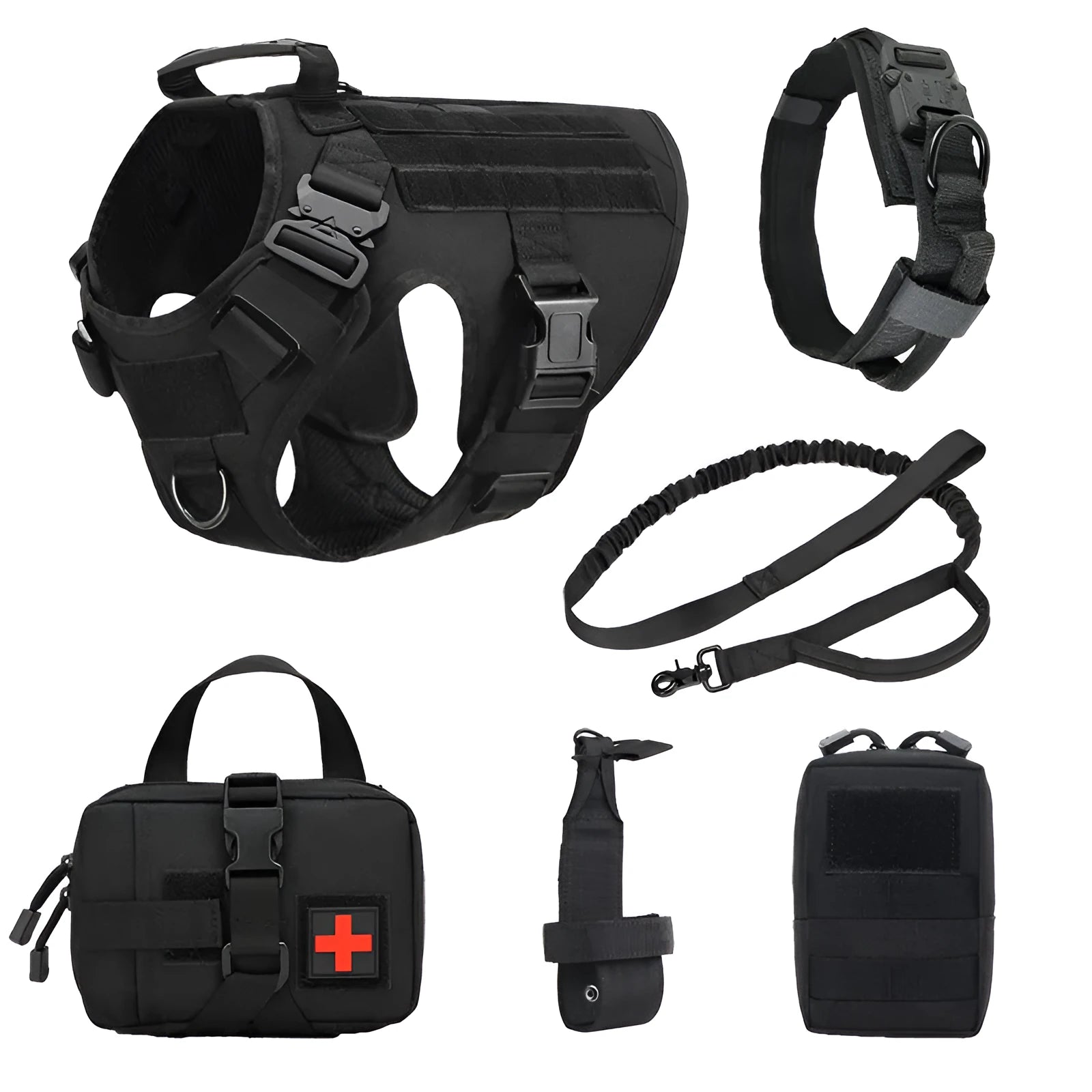 Polyester dog training battle suit set in tactical colours with harness straps and vest