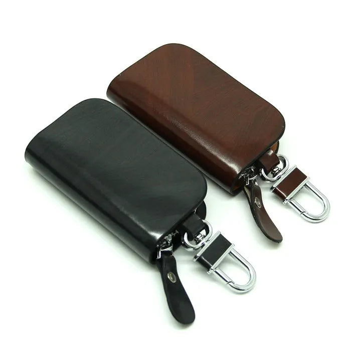 Genuine leather car key case with zipper in frosted black or brown.