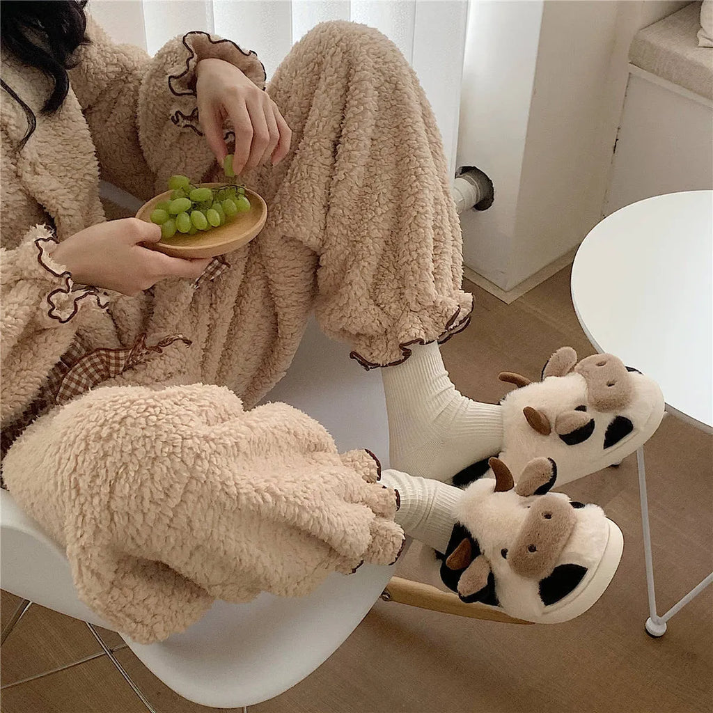White cow animal slippers with faux fur and anti-slip textured soles