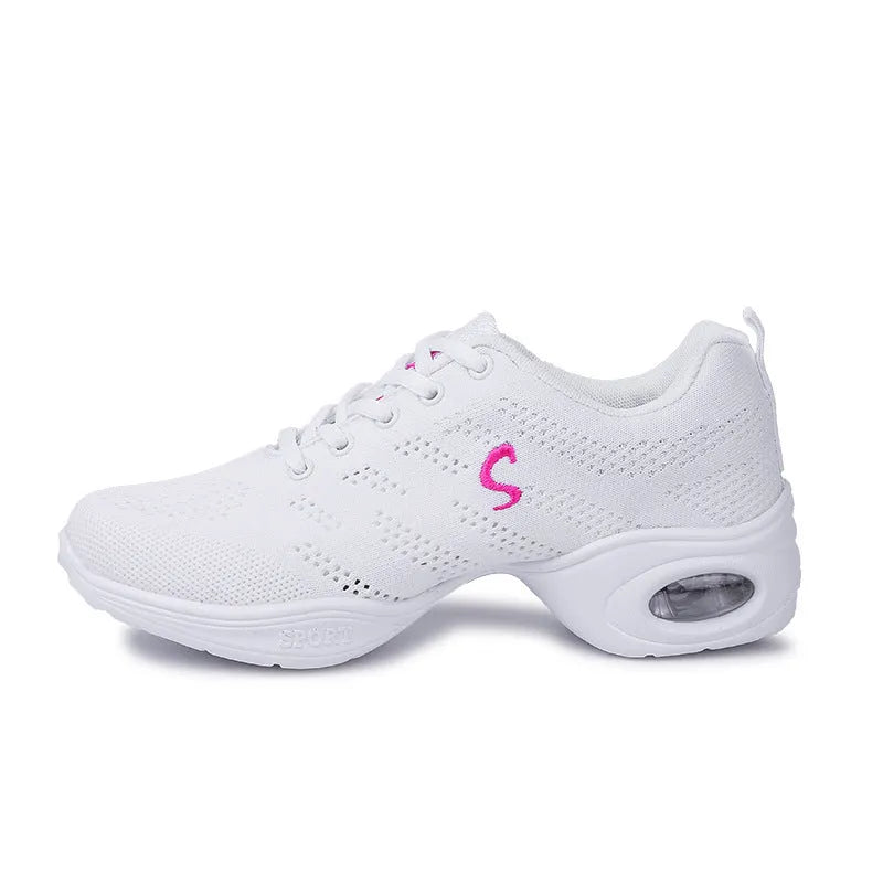 Women's white breathable fly woven mesh dance shoes with a soft PU sole on a light background.