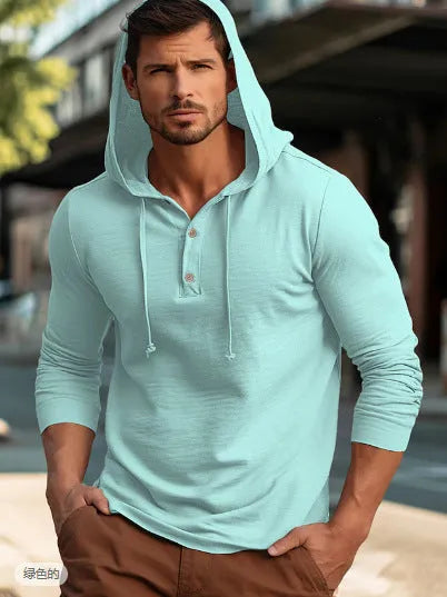 Men's cotton pullover hoodie in dark blue colour showing long sleeves and casual sports style