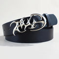 Men's silver buckle snap button belt made from black PU leather.