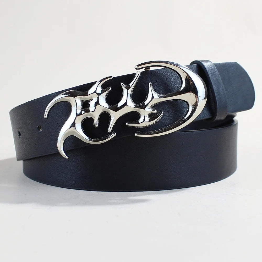 Men's silver buckle snap button belt made from black PU leather.