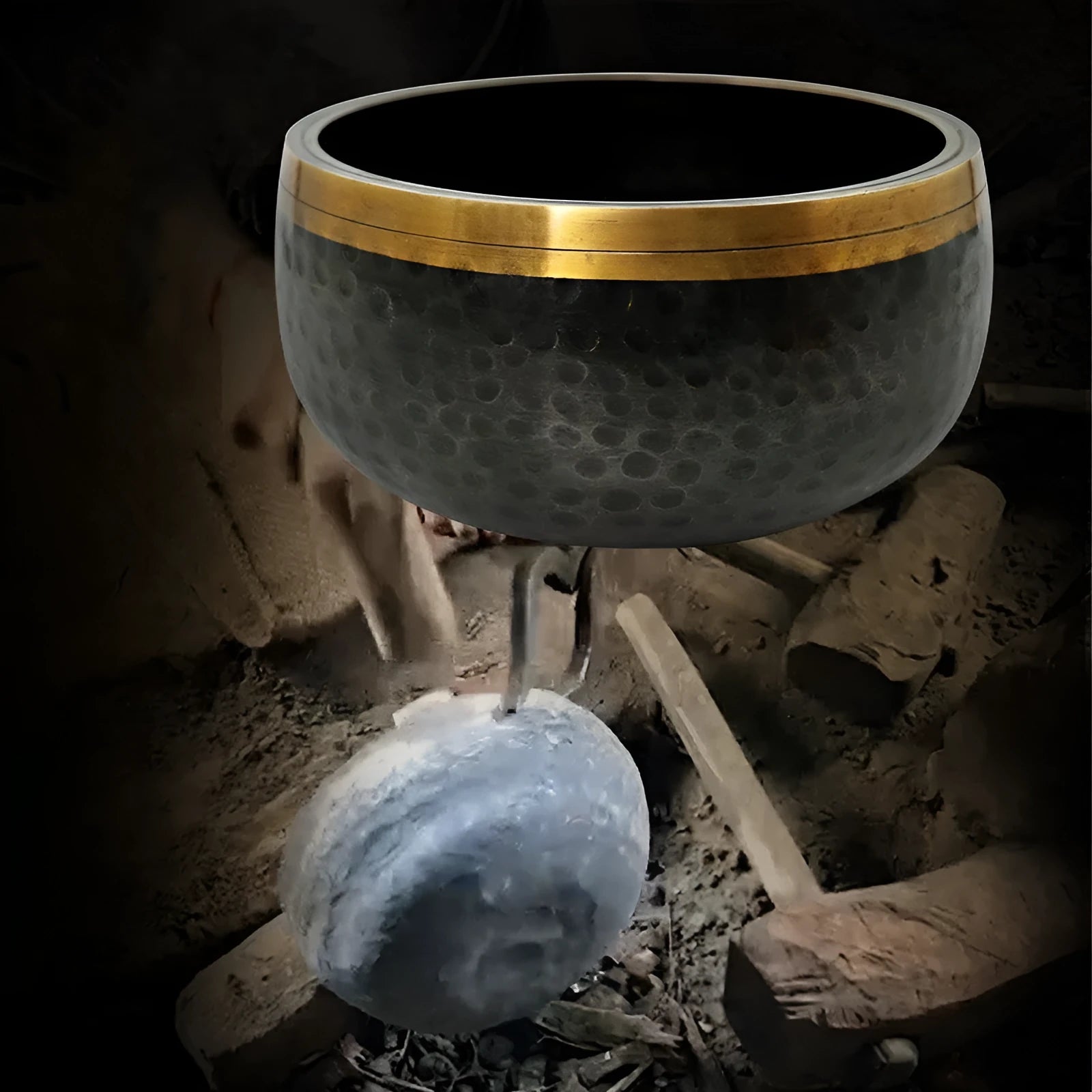 Black and gold copper sound bowl with Buddha design on thin pad, 12.5cm calibre