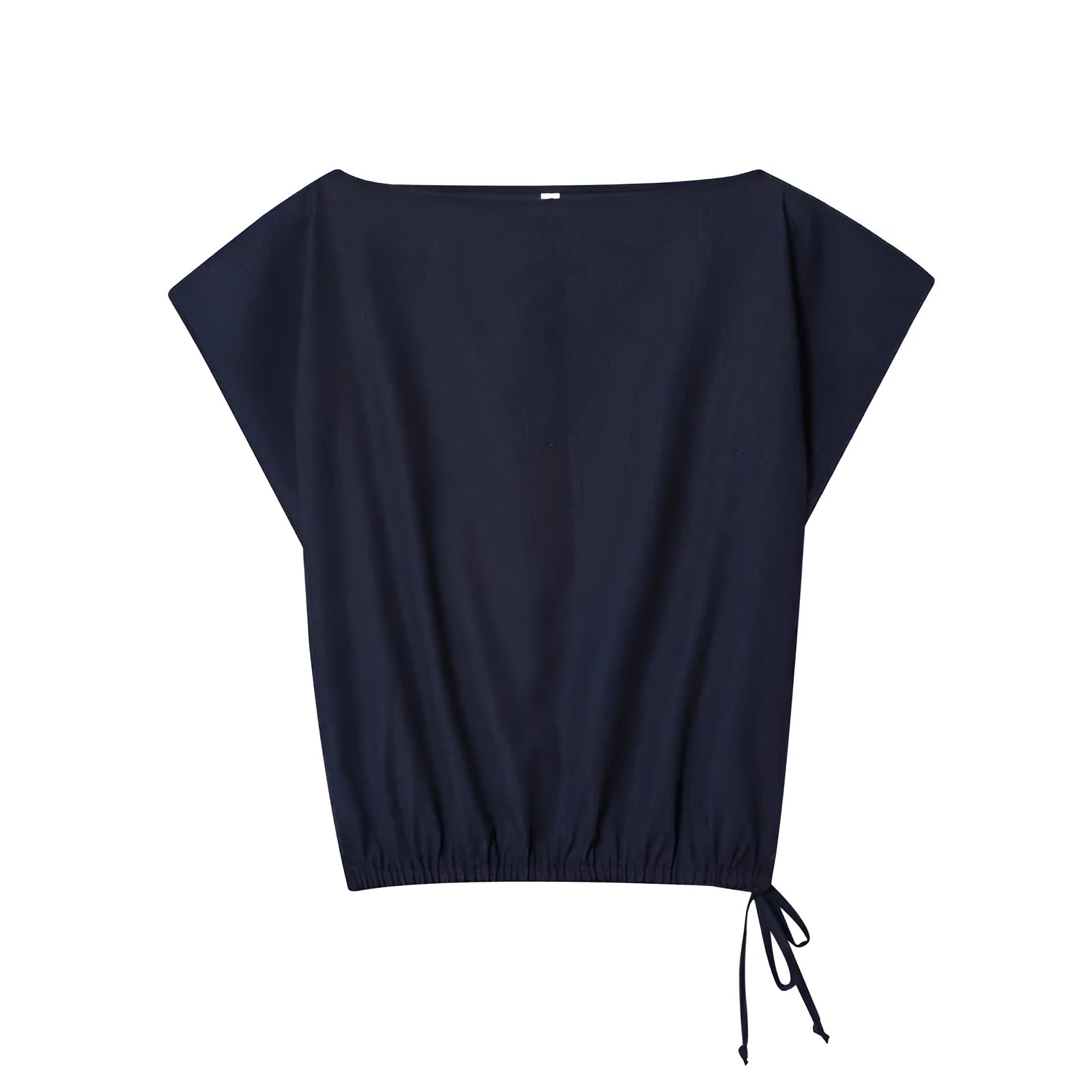 Women's off-neck polyester shirt with flounced sleeves paired with matching wide-leg trousers.