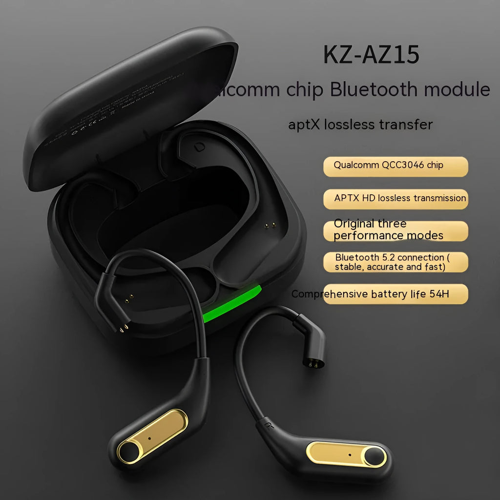 Black wireless Bluetooth headphones with Qualcomm 5.2 chip, ear-mounted design, and charging box on display