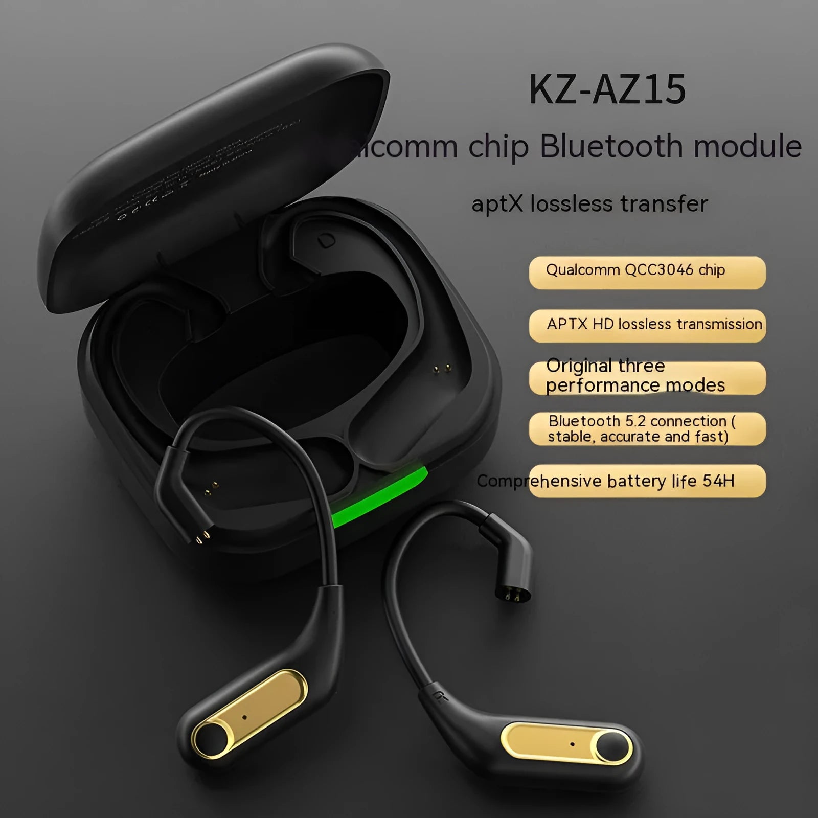 Black wireless Bluetooth headphones with Qualcomm 5.2 chip, ear-mounted design, and charging box on display