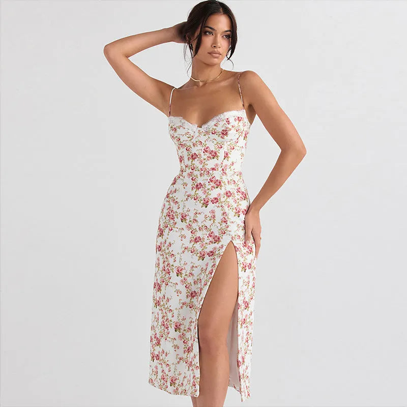 Blue lace flowers print long dress with side slit and suspender straps on a model