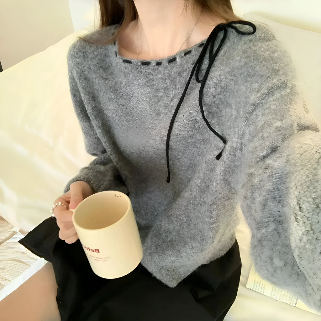 Women's loose-fitting grey knitwear pullover jumper made from regenerated cellulose fibre