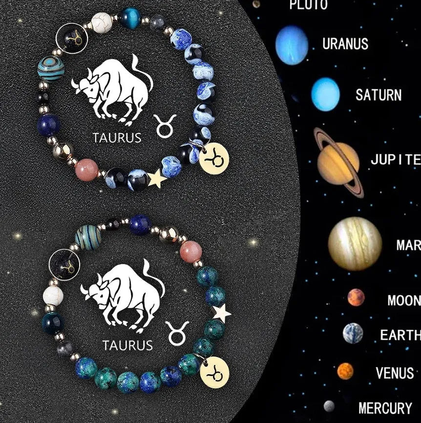 Set of two natural stone beaded bracelets with zodiac sign charms on an adjustable cord.