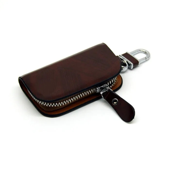 Genuine leather car key case with zipper in frosted black or brown.