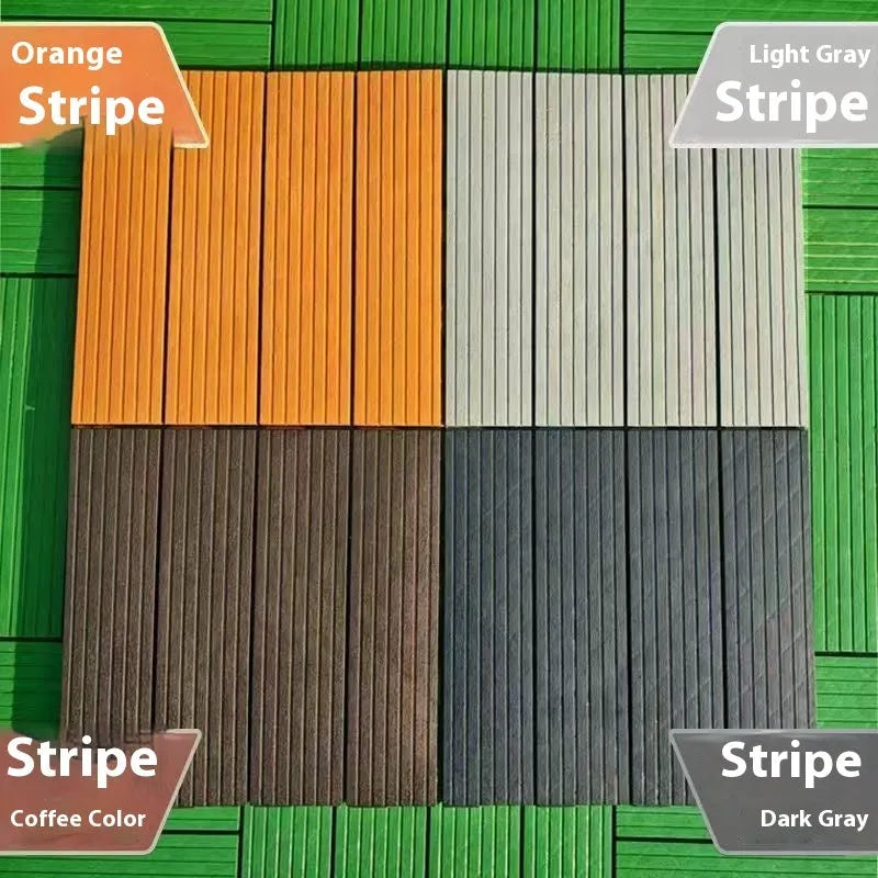 Wood grain plastic floor tiles showing splicing design and non-slip surface texture