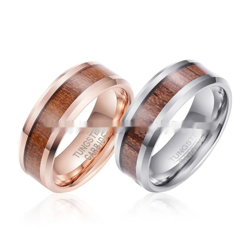 8mm wide U-shaped tungsten ring made from Ugyen wood leather composite in rose gold colour