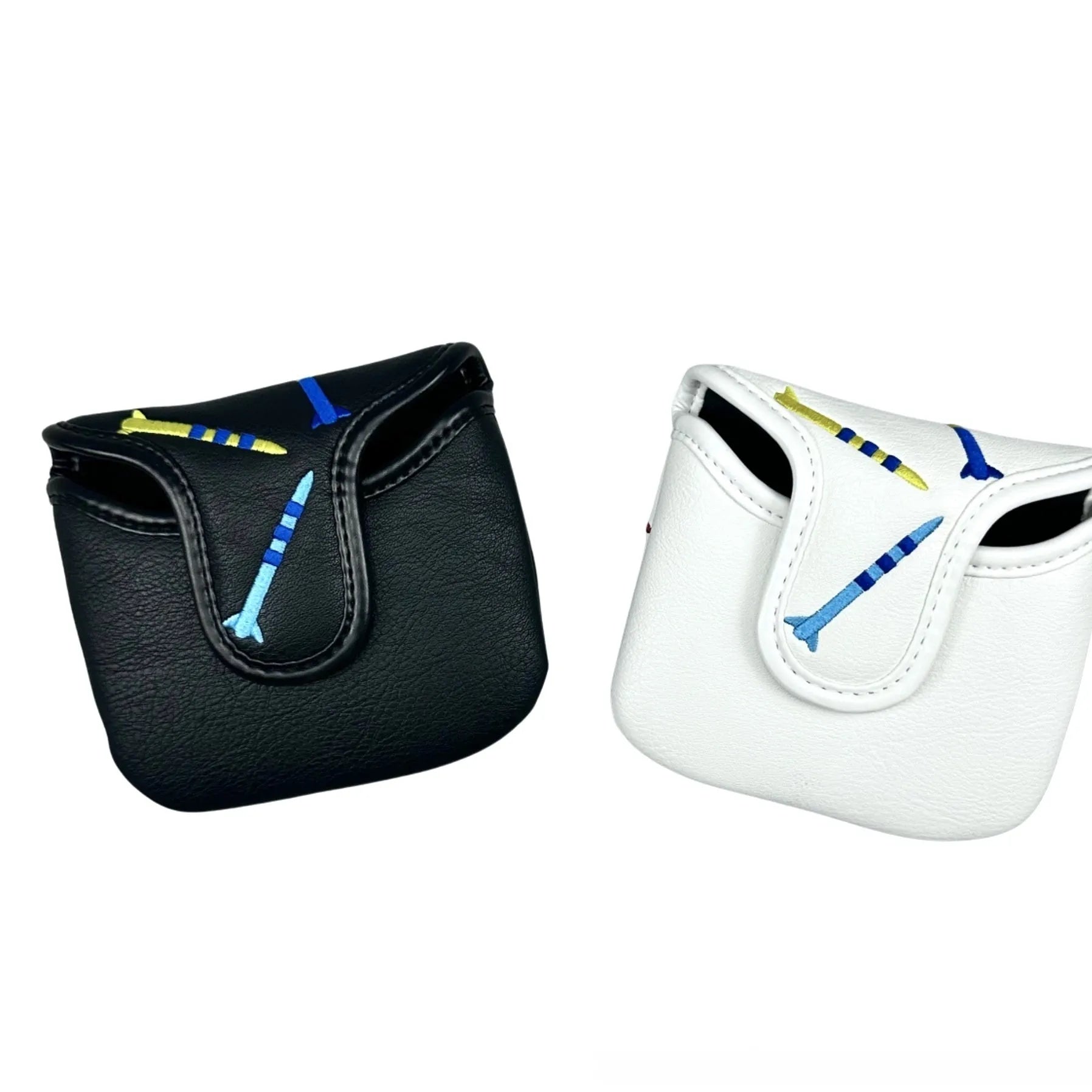 Black and white golf putter protective sleeve with rocket pattern design for square-headed clubs