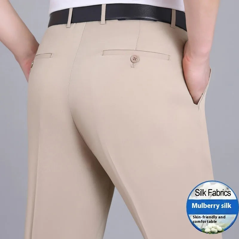 Men's dark blue straight-leg business trousers with a high waistband on a hanger.