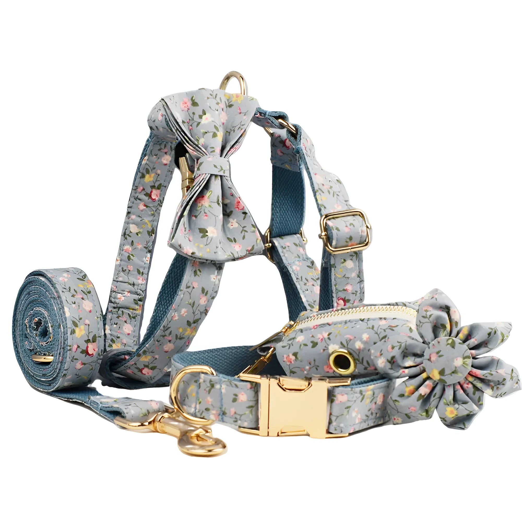 Blue floral patterned cloth dog collar and leash set with matching vest and bow accessories.