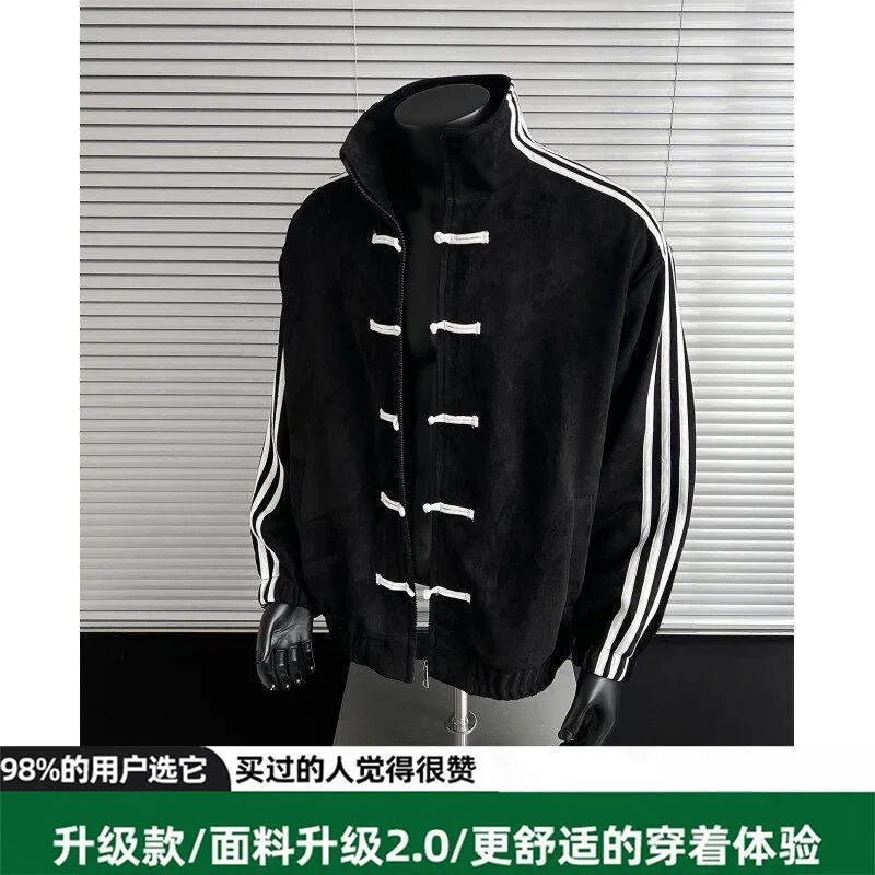 Men's suede stand collar buckle jacket in black, loose fit, cotton blend, with polyester lining