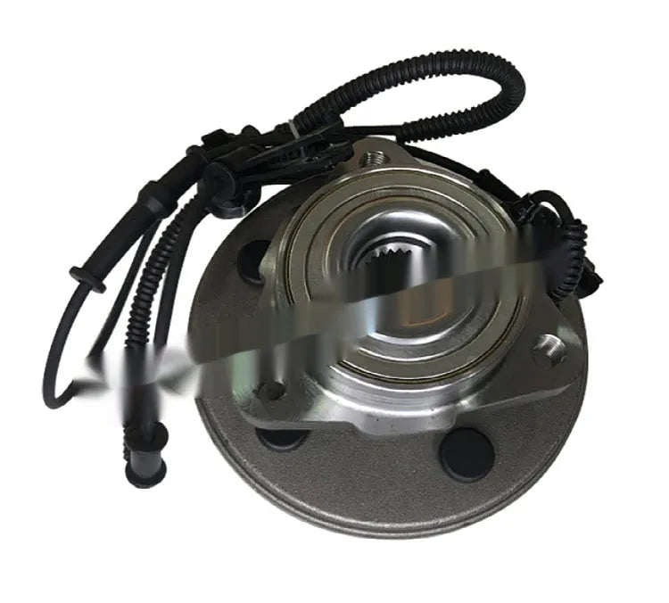 Black bearing steel wheel hub and bearing assembly for Ford Explorer replacement part on a plain background