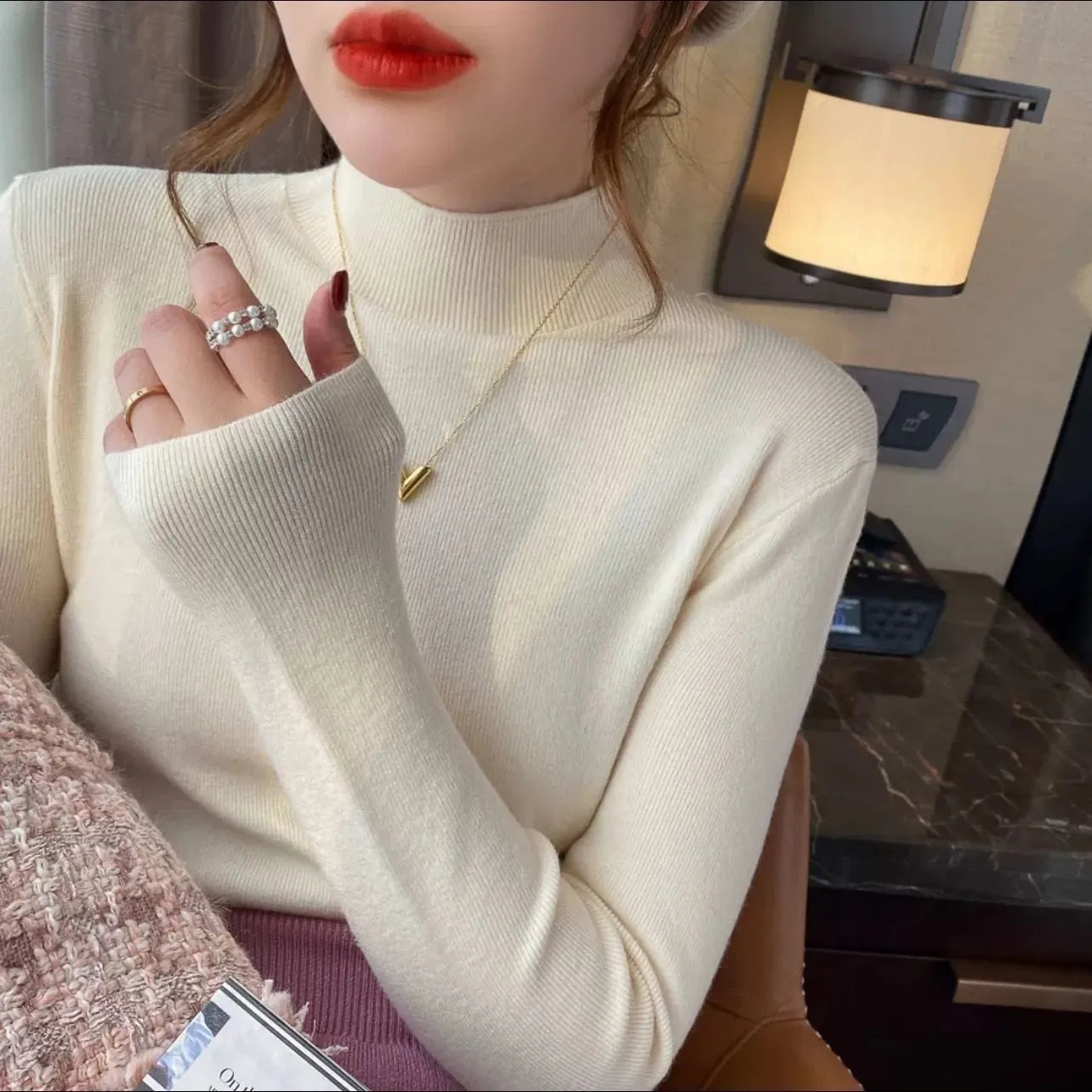 Slim fit viscose bottoming shirt in apricot colour with long sleeves