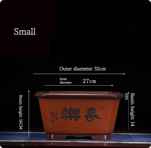 Large Chinese-style purple clay flower pot for indoor bonsai and plants.