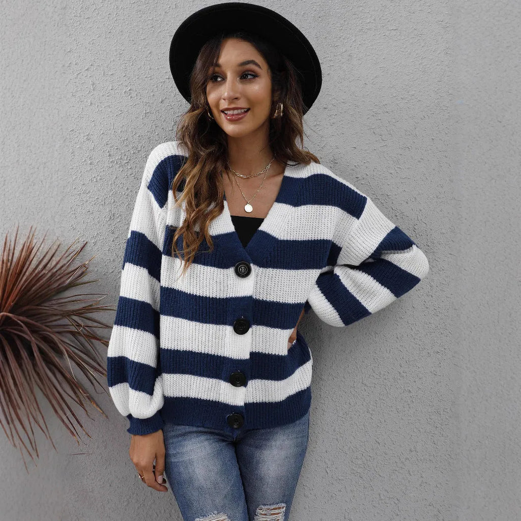 Women's striped button cardigan in deer plush polyester fabric, shown in dark green colour.