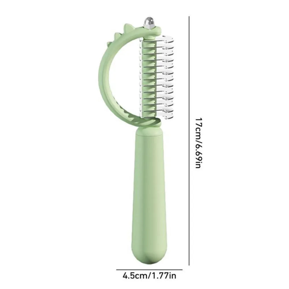 Dinosaur-shaped cat brush with stainless steel pins for self-cleaning pet grooming