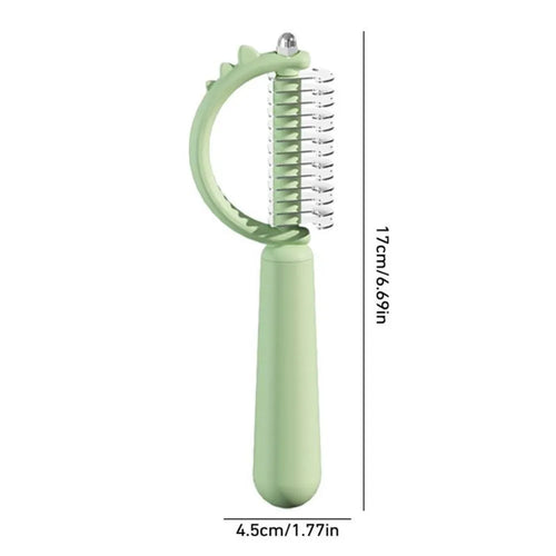Dinosaur-shaped cat brush with stainless steel pins for self-cleaning pet grooming