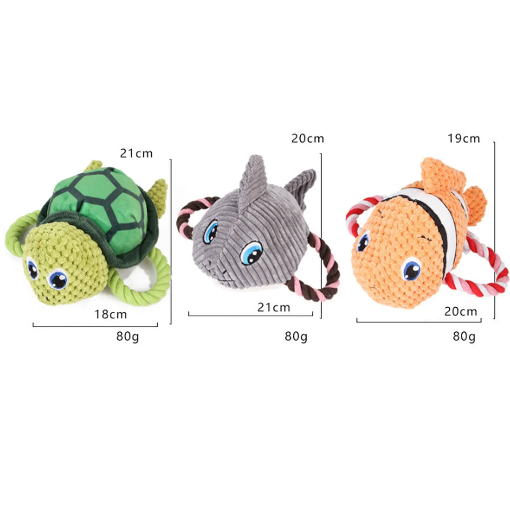 Turtle-shaped dog toy with knotted rope construction and plush stuffing for interactive chewing games