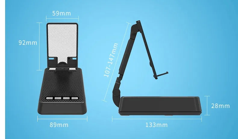 Black mobile phone broadcasting stand with integrated Bluetooth speaker and microphone on desk