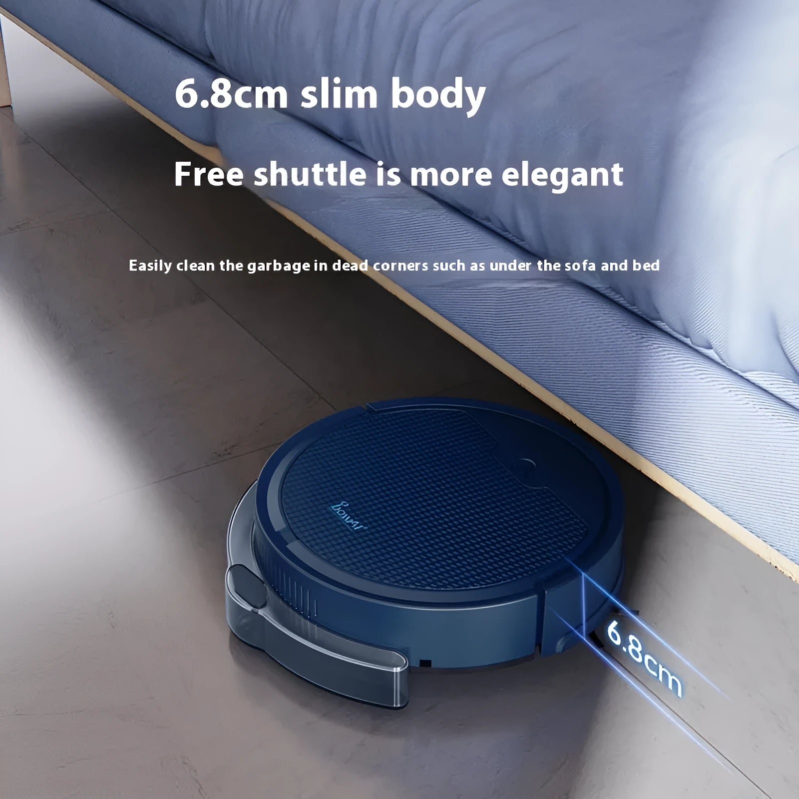 Household sweeping robot in blue with water tank for automatic sweep and mop
