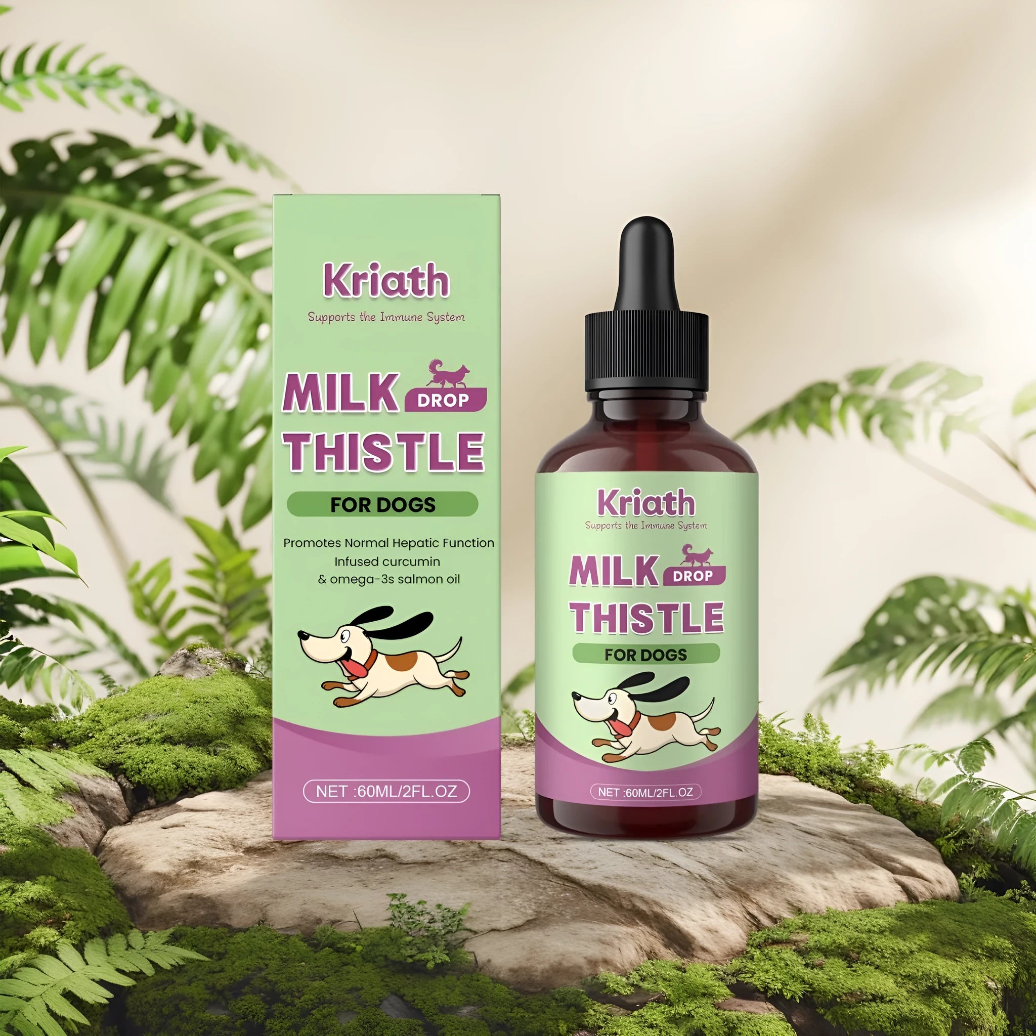 60ml bottle of Dog Milk Thistle Extract Nutrient Solution with turmeric and omega-3 for canine liver support