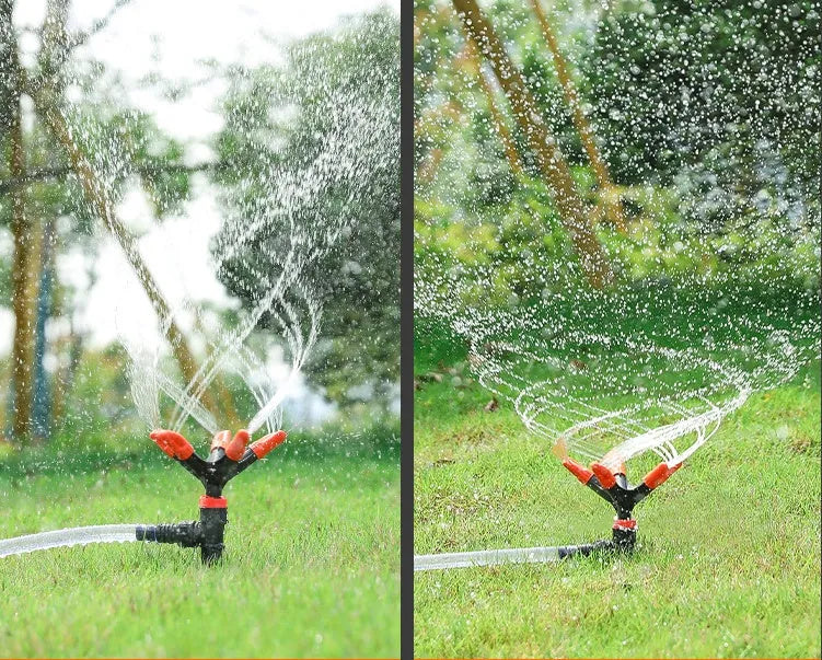 Automatic rotating garden sprinkler in orange plastic, size 14x26.5cm, on green lawn