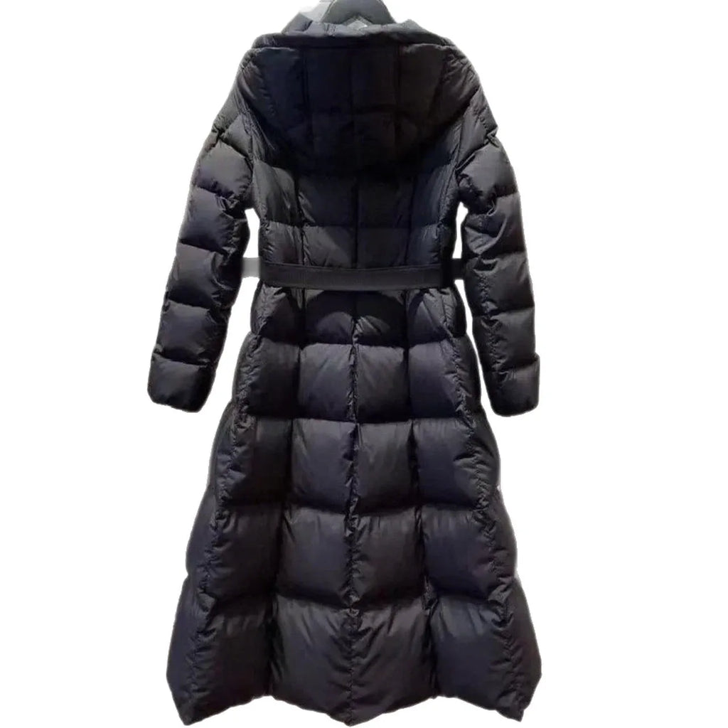 Women's long black hooded down jacket with 65cm medium length and A-line shape
