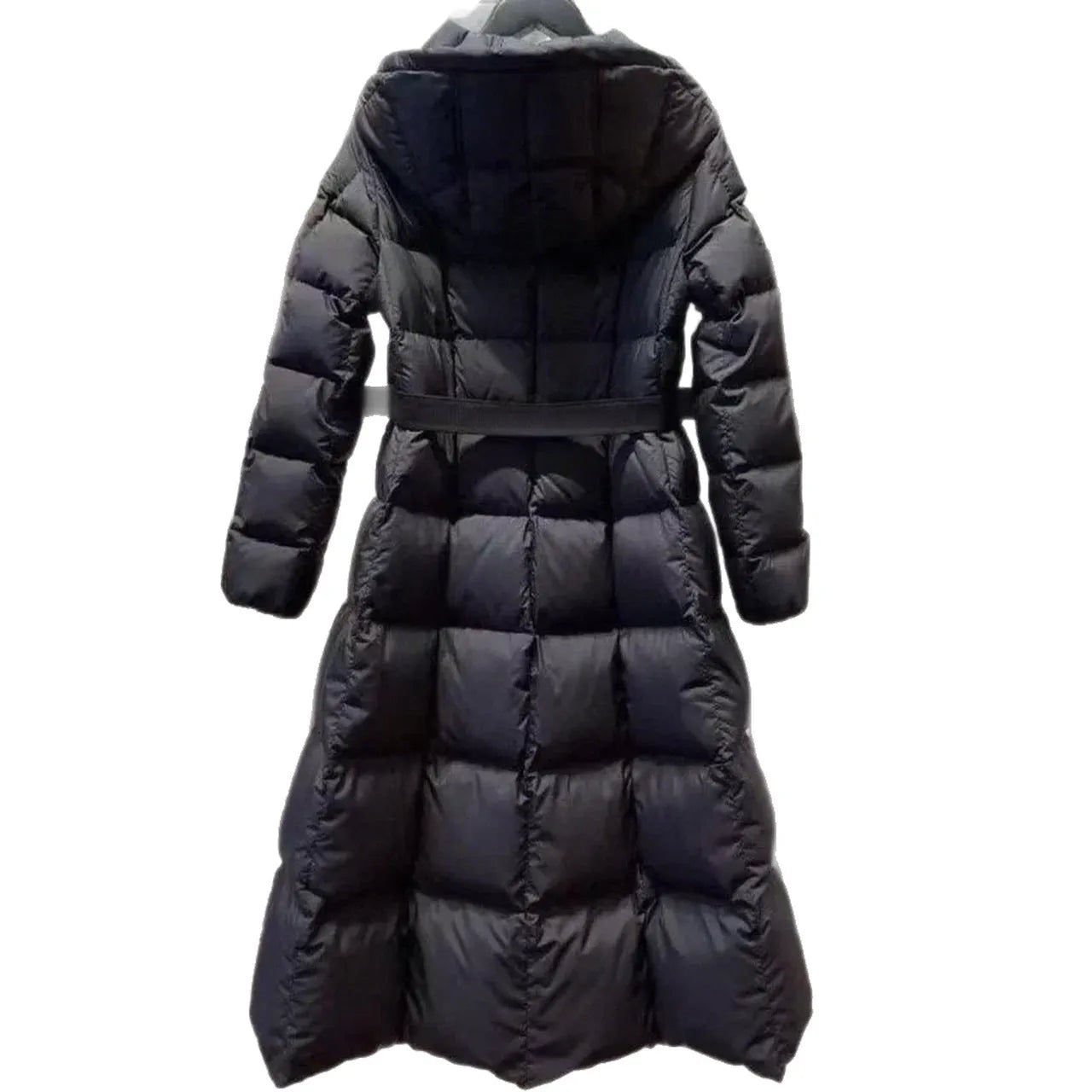 Women's long black hooded down jacket with 65cm medium length and A-line shape
