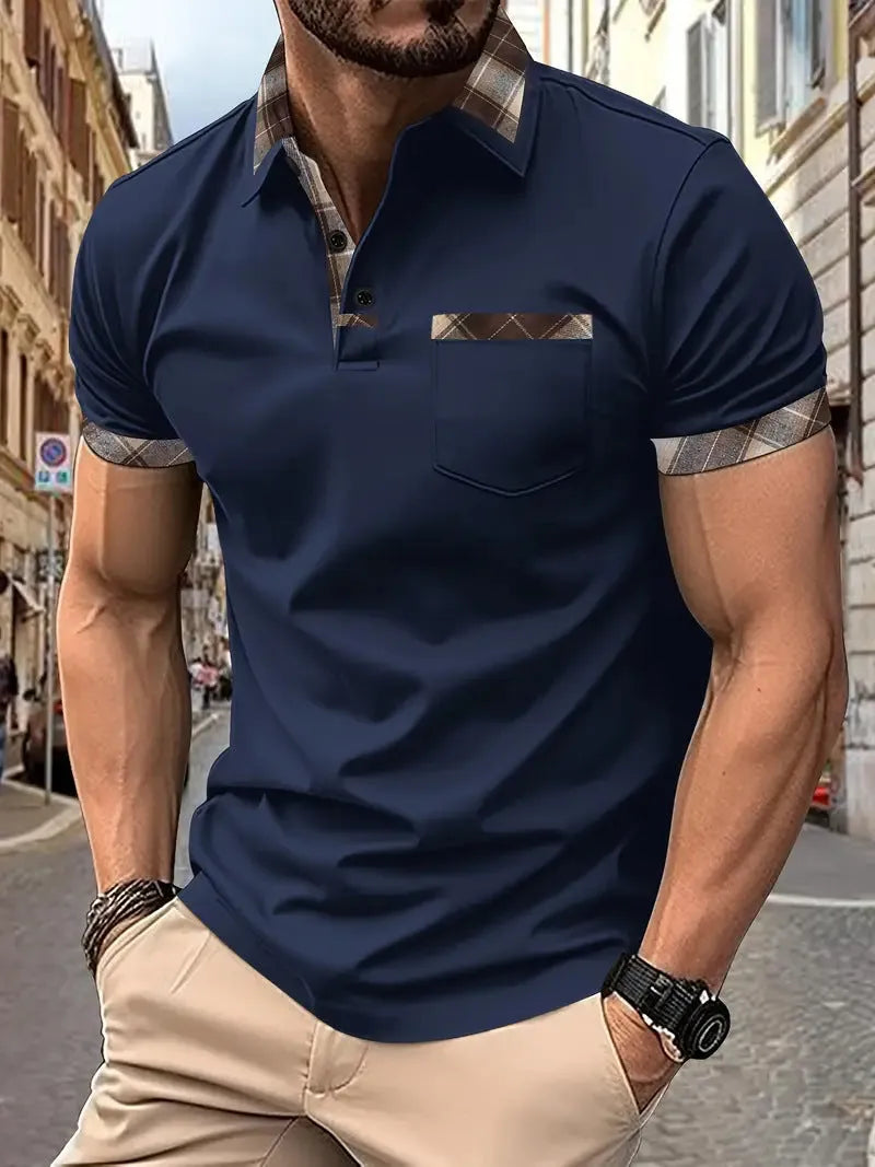 Men's loose fit plaid colourblock t-shirt with short sleeves and zipper decorations.