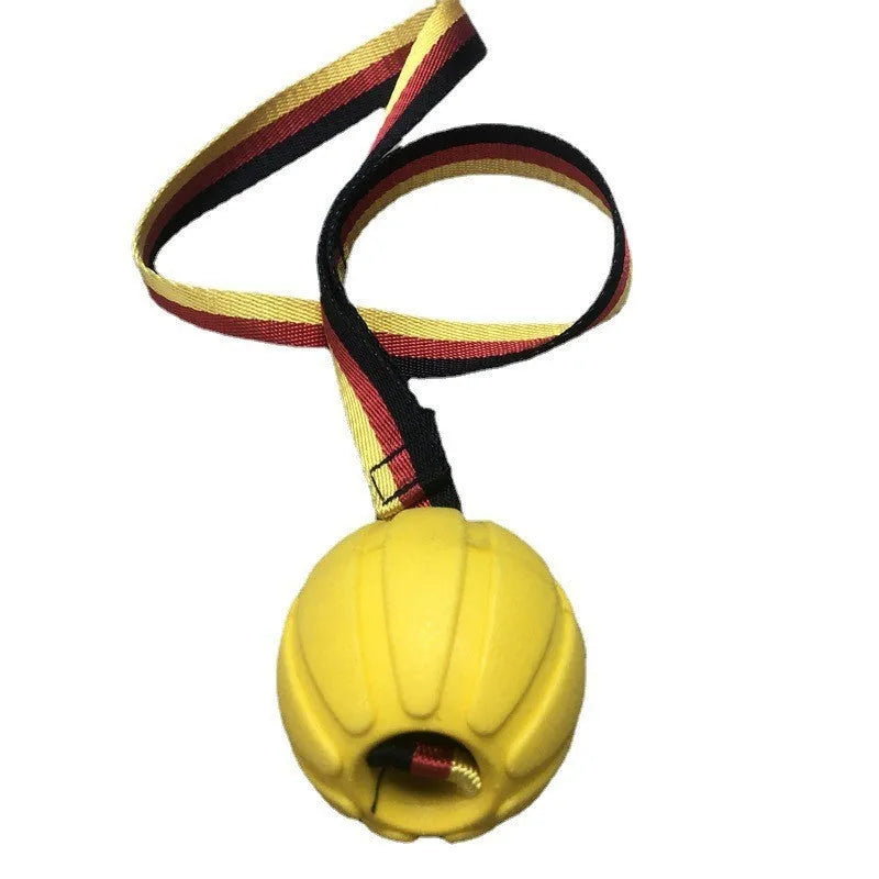 Floating camouflage and yellow EVA string ball dog toy shown in 6.5cm, 7cm and 9cm diameter sizes
