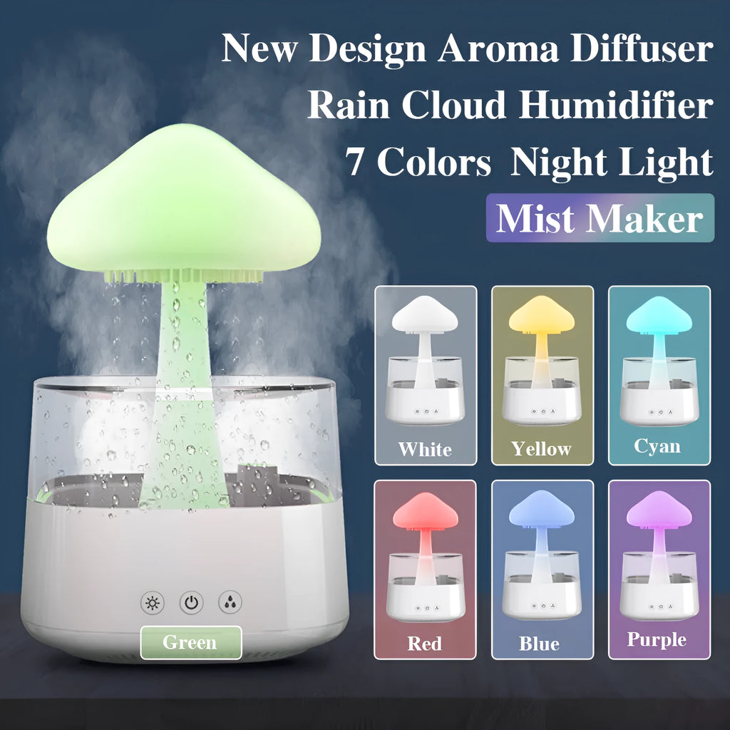 2-in-1 desk humidifier with raining cloud design, essential oil diffuser, and night light in white plastic finish