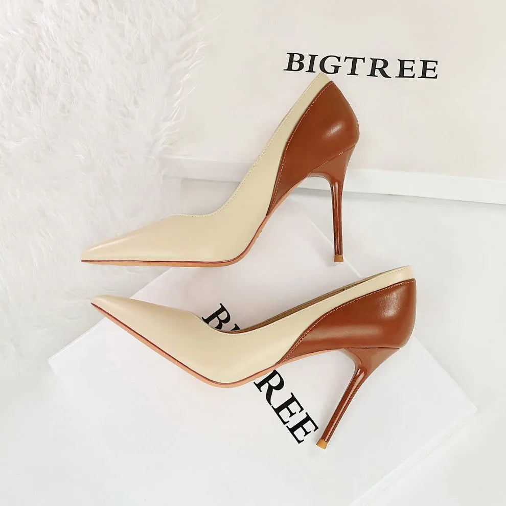 Retro colour block stiletto heel pumps for women, pointed toe, black colour, low top upper, super high heel