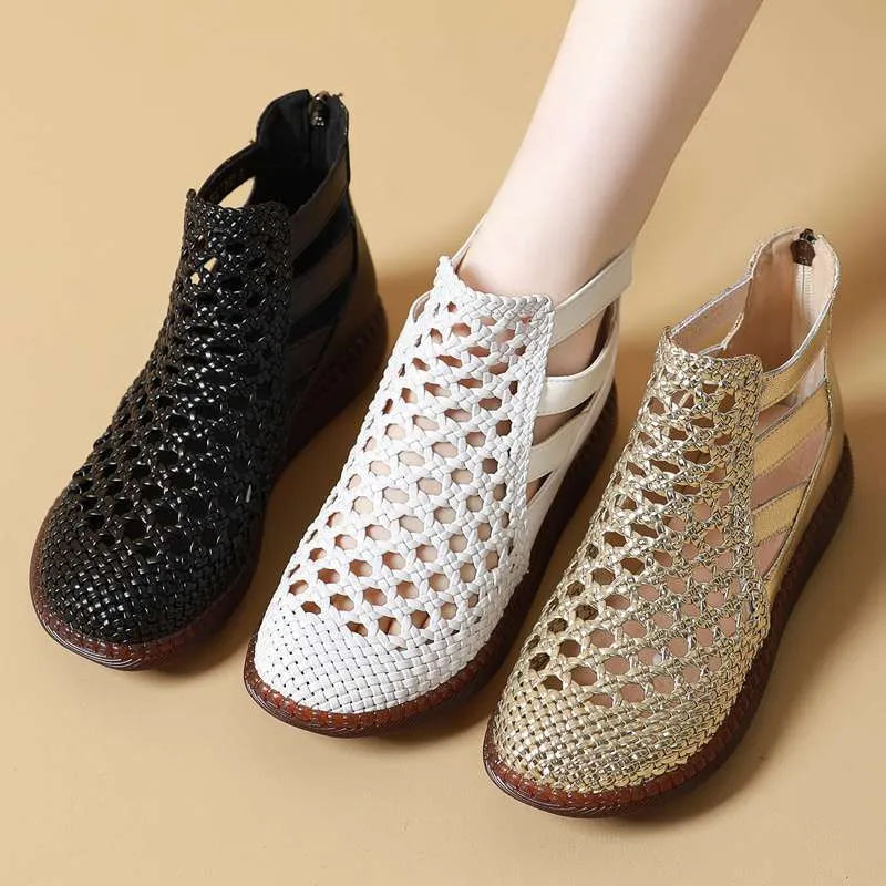 Flat soft-soled comfort sandals in gold with hollow-out PU upper and TPR sole
