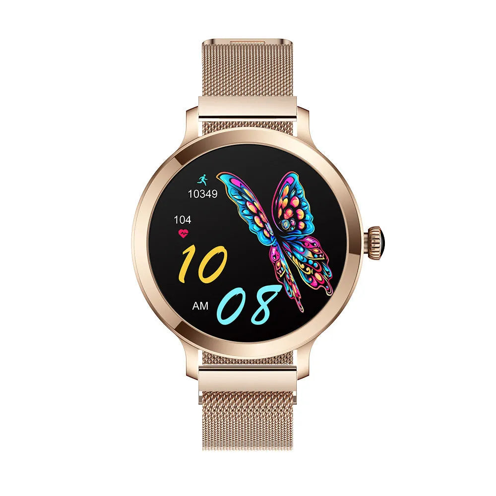 Women's AMOLED smart watch with Bluetooth calling and blood pressure monitoring on a wrist, gold steel finish, 1.106 inch screen