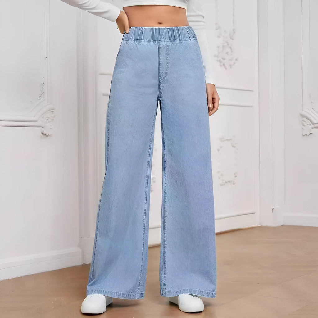 Plus size light blue wash wide leg jeans with straight fit and zip fly