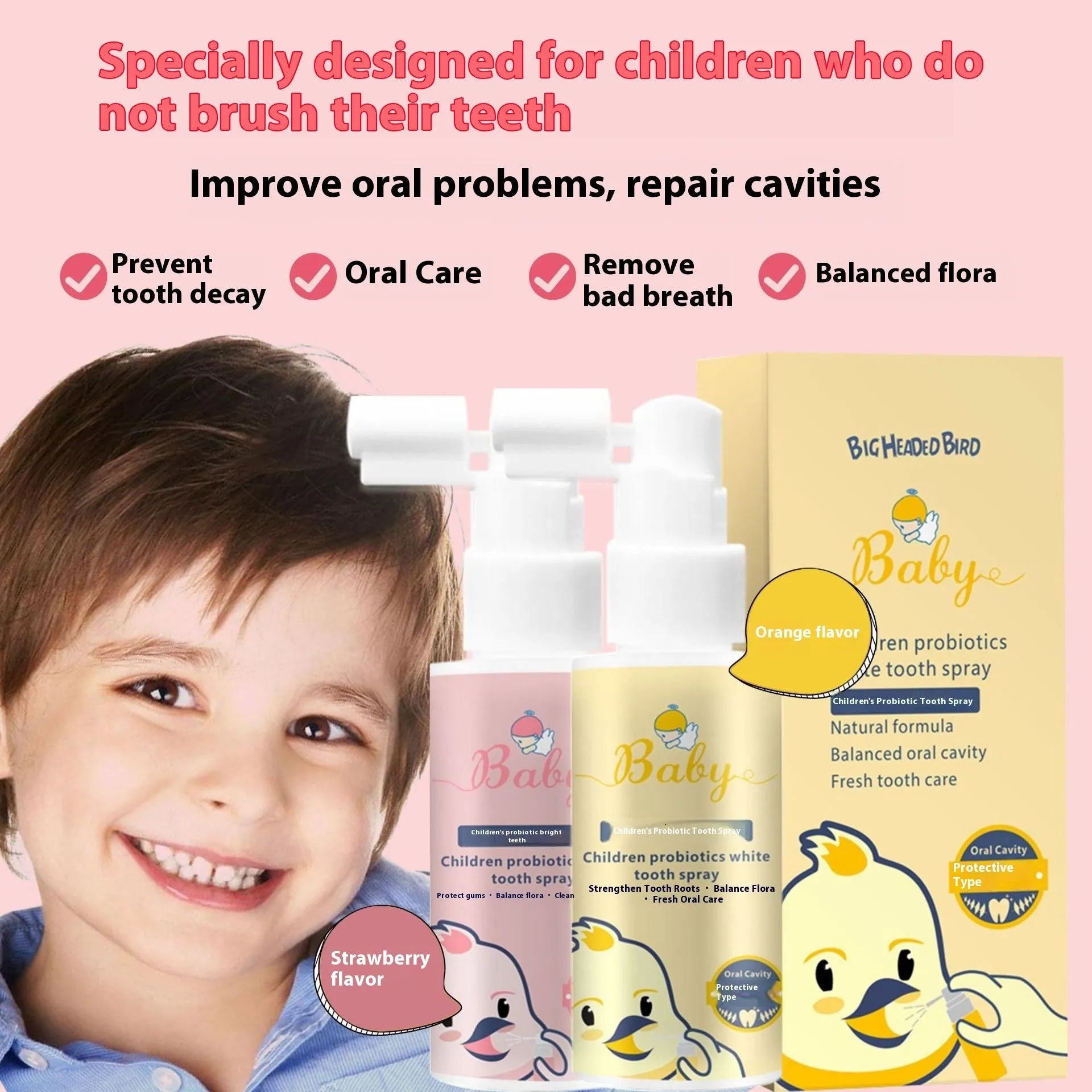 Children's probiotics oral spray bottle with strawberry and orange flavour options for teeth cleaning
