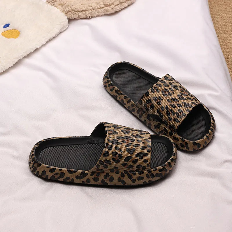 Leopard print slippers with thick EVA sole in black, pink, khaki, and white zebra patterns for women's indoor outdoor summer wear