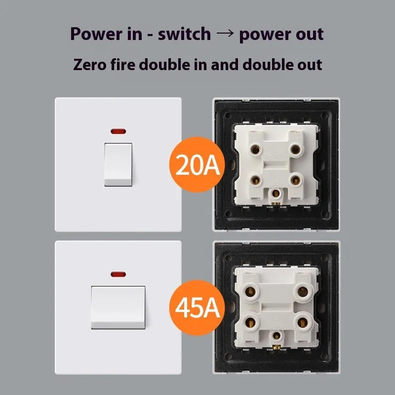 Plastic electrical switch with light panel for curved rack mounting in gold, grey or white
