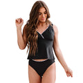 Black women's two-piece sleeveless bikini swimsuit made from nylon fabric.