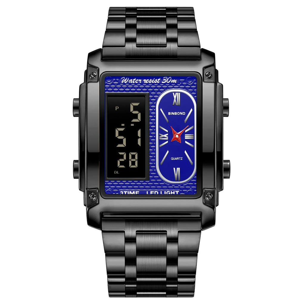 Men's creative steel belt electronic watch with black steel surface and multi-functional display