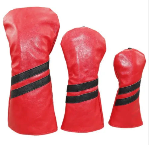 Blue golf club head cover with two white diagonal stripes, shown alongside red and black versions.