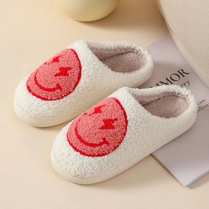 Women's plush slippers with cartoon love patterns and PVC non-slip soles in multiple colour options